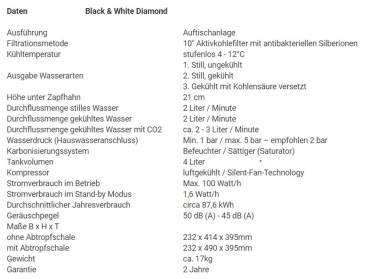 Auftisch BLACK & WHITE DIAMOND - Technische Daten